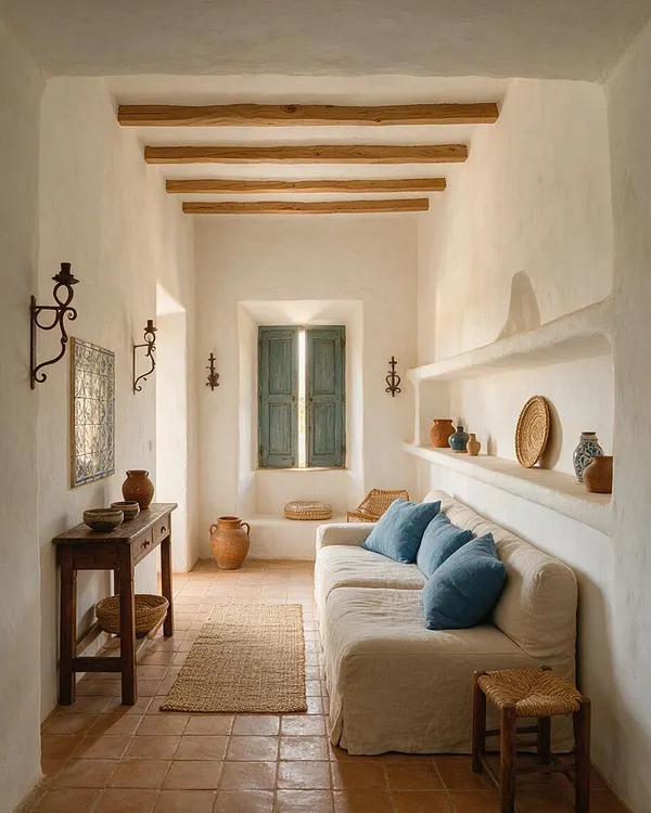A narrow Mediterranean-style living room with white plaster walls, exposed wooden ceiling beams, and terracotta tile flooring. A cream slipcovered sofa with blue pillows sits beside built-in wall niches holding pottery and woven decor, while a weathered blue shuttered window, rustic wood table, and wrought-iron wall sconces complete the warm, handcrafted look.