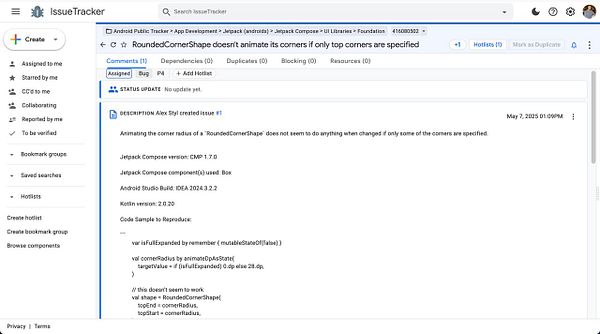The image displays a bug report in an issue tracking system regarding the animation of corner radii in a UI component.