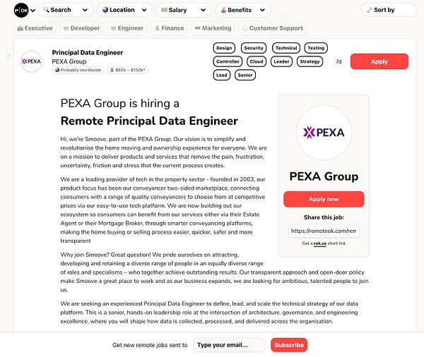 A job posting for a Remote Principal Data Engineer position at PEXA Group is displayed on a job board interface.