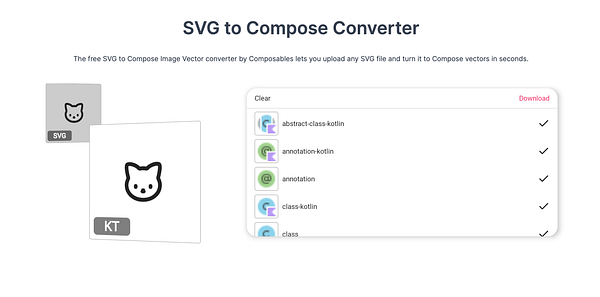 The image displays a user interface for an SVG to Compose converter tool.