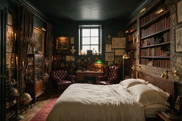 A dimly lit basement bedroom styled in Dark Academia, with a white bed in the foreground, burgundy leather chairs, built-in bookshelves filled with old books, framed maps and artwork, and a central window bringing in soft daylight. Warm brass lamps, candlelight, dark walls, floral wallpaper, and antique wood furniture create a scholarly, atmospheric space.