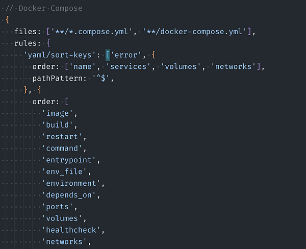 Screenshot of VS Code displaying a Docker Compose YAML file with services and volumes.