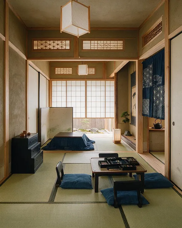 A Japanese Zen-style game room with tatami mat flooring, low wooden tables, blue floor cushions, and shoji screens filling the back wall with soft daylight. Natural wood framing, a hanging paper lantern, and a small garden view create a calm, minimalist atmosphere.