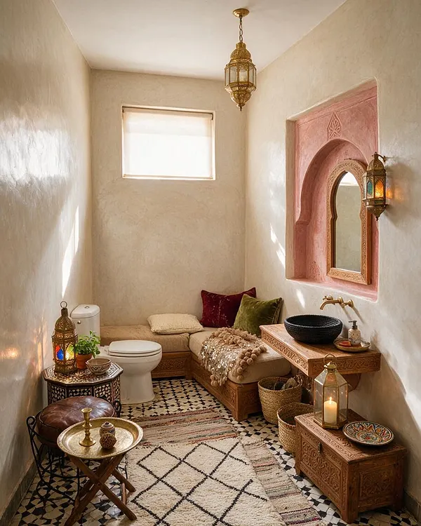 A narrow master bathroom styled in Moroccan design, featuring cream plaster walls, a pink arched wall niche with an ornate mirror, brass lanterns, carved wood furniture, and patterned floor tiles. A small seating area with cushions, woven baskets, and decorative trays creates a cozy, spa-like atmosphere.
