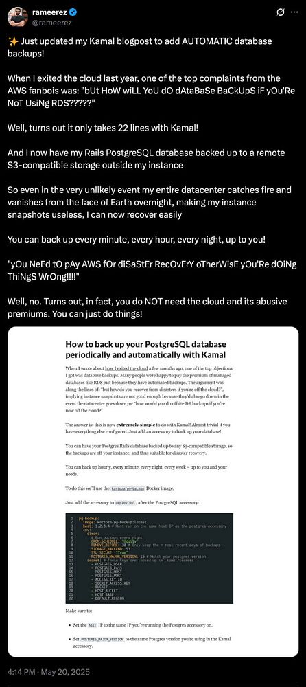 A Twitter post detailing the addition of automatic database backups to a blog post about using Kamal with Rails and PostgreSQL.