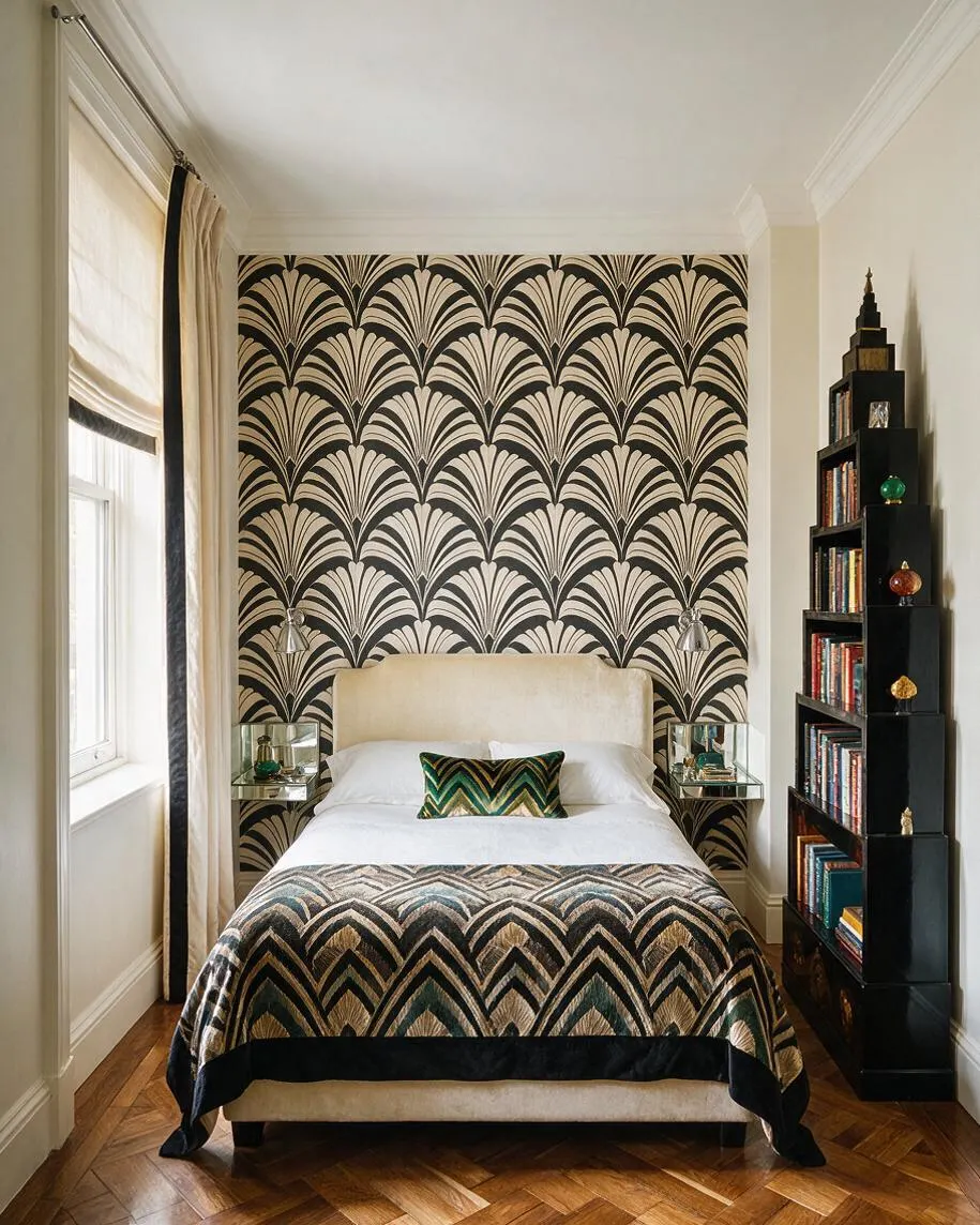 A narrow guest bedroom with an upholstered cream bed centered against a bold black-and-ivory Art Deco fan-pattern wall. The room includes mirrored bedside tables, a patterned throw and pillow in green, gold, and black, cream curtains beside a tall window, and a black stepped bookcase filled with books and decorative objects.