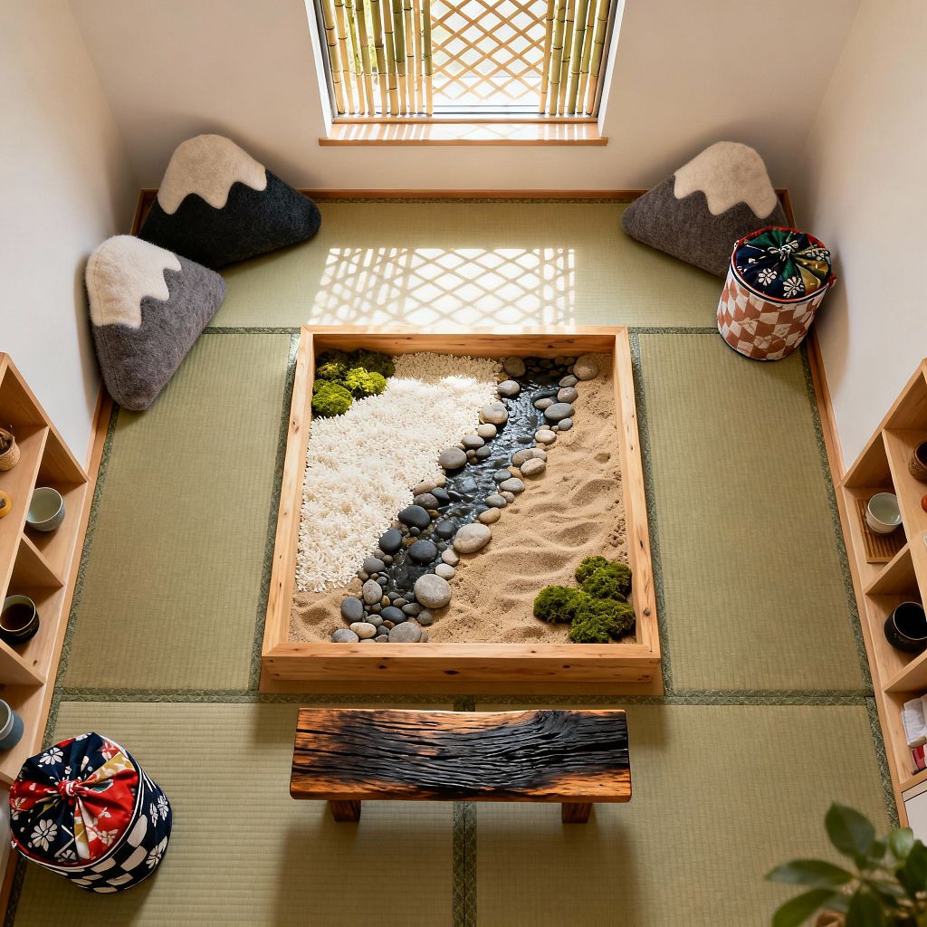 A children's room with tatami flooring centers on a raised wooden sandbox styled as a miniature Zen garden, mixing sand, white gravel, smooth river pebbles and patches of moss. A low charred-wood bench sits nearby. Soft mountain-shaped wool felt cushions rest in the corners, with patterned fabric storage bins and low open shelving along the walls. Sunlight filters through a bamboo lattice at the window, casting geometric shadows that emphasize the calm, natural palette.
