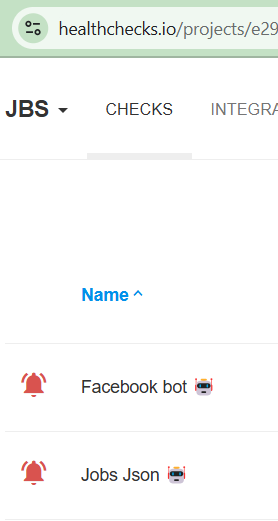 The image displays a user interface from the Healthchecks.io platform showing a list of checks under the 'JBS' project.
