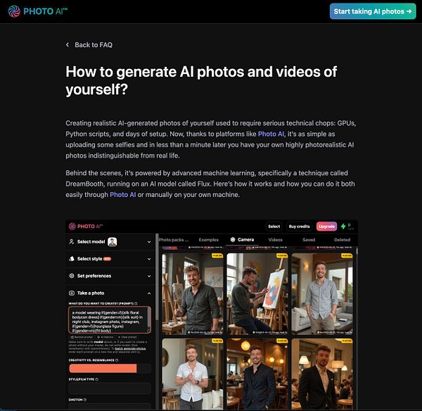The image displays a user interface for generating AI photos through the Photo AI platform.