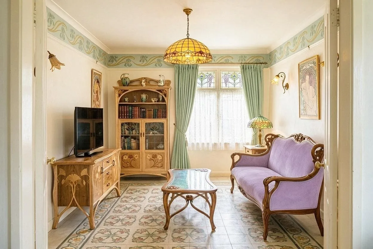 The same Art Nouveau living room in the Lilac Glass palette: cream, lilac, honey oak, sage, and old gold