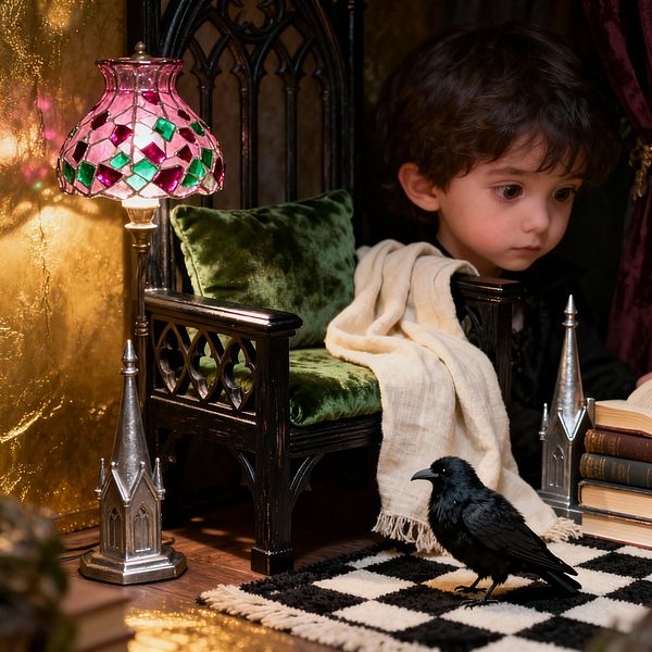 Close-up of a child’s Gothic-inspired reading nook with a black carved chair featuring pointed-arch details, an emerald velvet cushion, and a cream throw. A stained-glass lamp in pink and green casts warm light onto a textured gold wall. Silver cathedral spire ornaments flank stacked vintage books. A black-and-white checkered rug covers the wood floor, and a small black bird stands on it, creating a moody, storybook atmosphere.