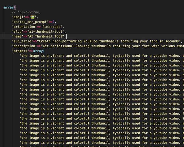 The image displays a code snippet related to an AI thumbnail tool configuration.