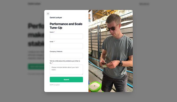 A custom call-to-action form is displayed alongside a person interacting with a smartphone outdoors.