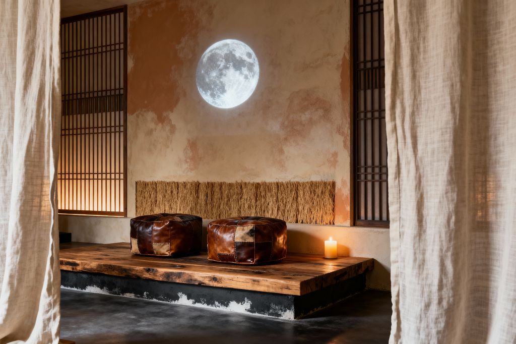 A serene media room features a thick live-edge timber platform on a black base with two brown patchwork leather poufs and a glowing candle. A realistic full moon is projected onto a mottled terracotta-and-sand limewashed wall above a narrow band of woven grass, flanked by shoji-style wood slat screens with warm backlighting; soft ivory linen curtains frame the view and a charcoal polished concrete floor grounds the space.