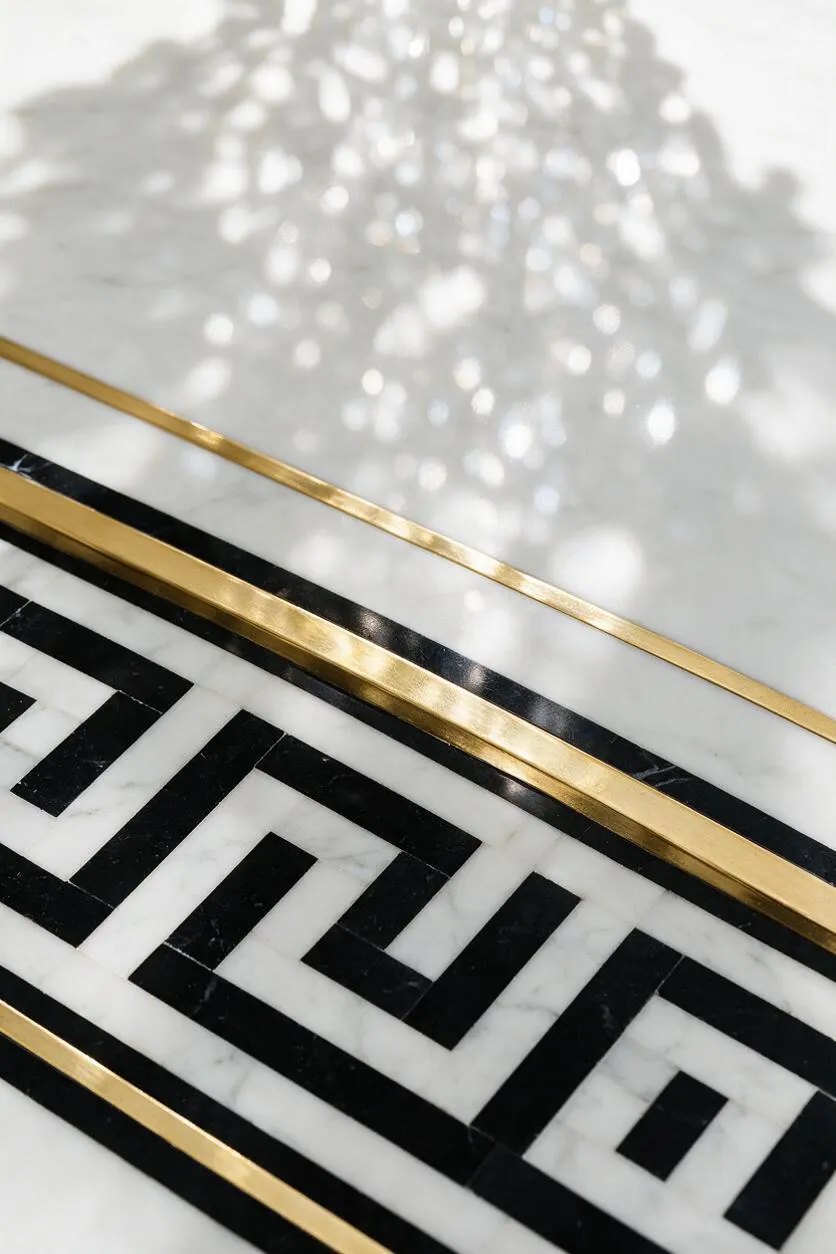 A close-up of a polished white marble surface with a bold black geometric inlay framed by slim brass strips. Soft reflected light creates a shimmering pattern across the stone, emphasizing the luxe contrast and decorative Hollywood Regency feel.