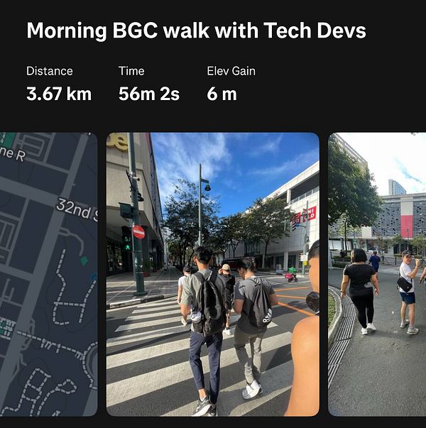 A group of people walking in a city environment during a morning walk.