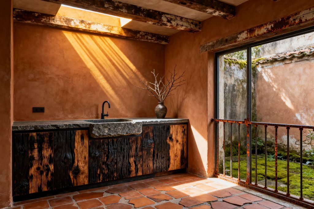 A Wabi-Sabi kitchen with clay-toned plaster walls, weathered ceiling beams, and a narrow skylight casting warm light across a rough-hewn stone counter with an integrated apron sink and matte black faucet. Charred wood cabinet fronts, irregular terracotta floor tiles, a dark ceramic vase with bare branches, and a glass door with a rusted railing opening to a mossy courtyard emphasize natural materials, patina, and simplicity.