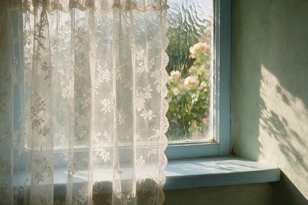 A sunlit window framed in soft blue paint is dressed with sheer white lace curtains featuring floral patterns and scalloped edges. Warm daylight filters through the fabric, casting delicate shadows across a pale green wall and sill.