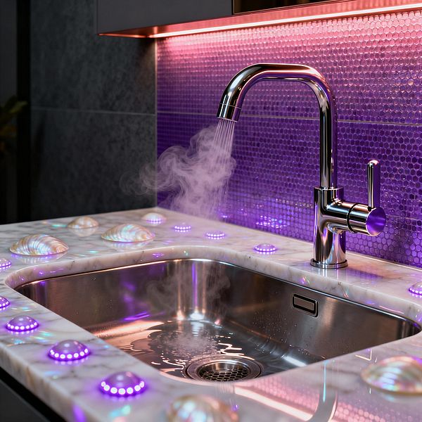 Close-up of a futuristic kitchen sink area featuring a polished chrome faucet spraying hot water into a stainless steel basin, steam rising visibly. The white marble countertop with gray veining is inset with glowing purple LED pucks and iridescent dome accents. A wall of small purple penny-round mosaic tiles is washed by magenta undercabinet lighting, with dark stone panels framing the scene. Reflections from the LEDs shimmer across the metal surfaces and water in the sink.