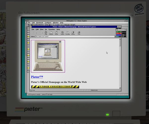 A vintage computer screen displaying a webpage for Pieter's official homepage, indicating it is under construction.