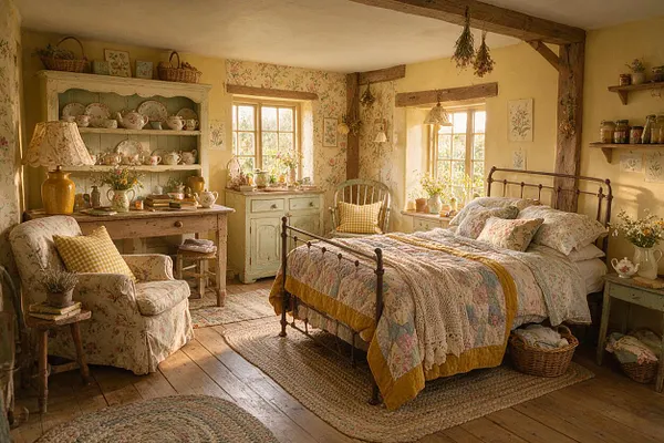 A cozy cottagecore guest bedroom with a metal-framed bed dressed in floral quilts and layered textured bedding. The room features distressed wood furniture, open shelves with china and jars, floral wallpaper, exposed beams, woven rugs, and soft daylight from multiple windows.