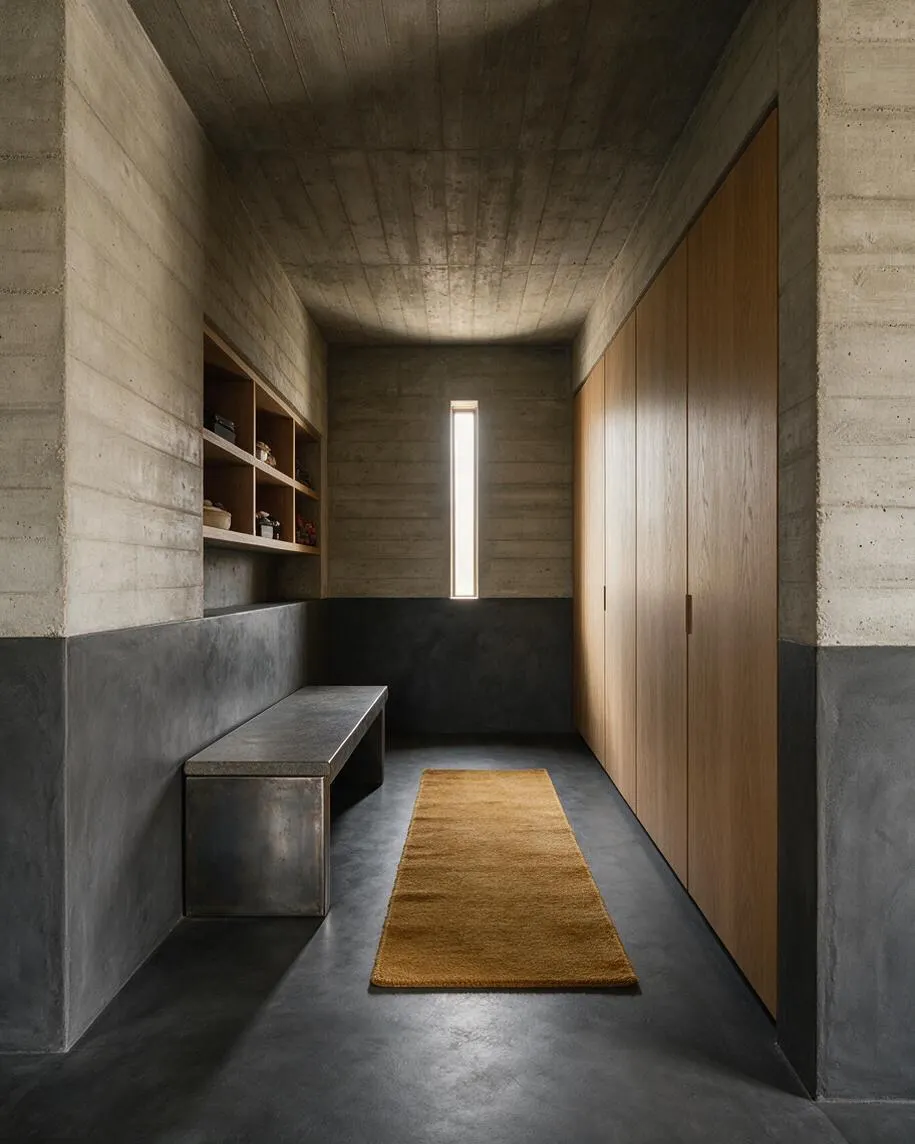 A narrow brutalist mudroom with raw concrete walls and ceiling, a dark polished floor, a long metal bench on the left, built-in open shelving, tall light wood storage cabinets on the right, a slim vertical window at the back, and a mustard-colored runner centered on the floor.