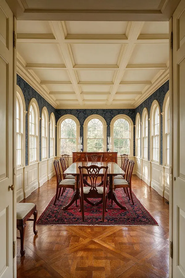 A traditional sunroom or dining room features arched windows on three sides, blue patterned wallpaper, and a coffered cream ceiling. In the center sits a polished wooden dining table surrounded by carved wood chairs on a red oriental rug, with a matching sideboard at the far wall.