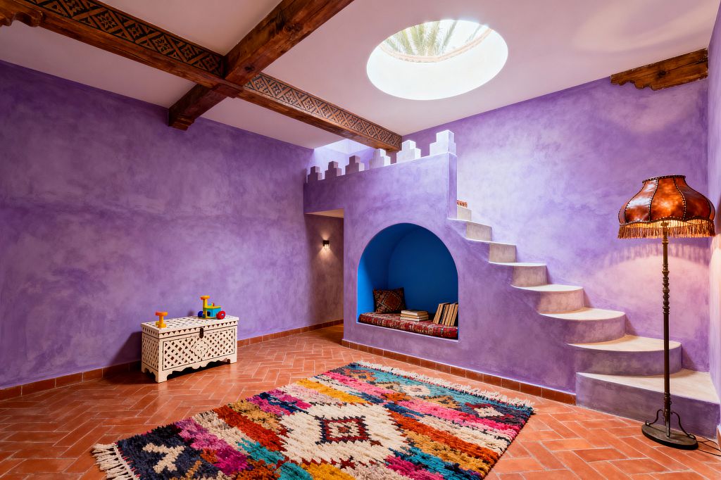 A Moroccan-style kids’ room with lavender tadelakt walls features a curving plaster stair to a crenellated loft and an arched cobalt-blue reading niche outfitted with patterned cushions and books. Herringbone terracotta floors hold a thick multicolor Berber rug and a carved white toy chest, while exposed wood ceiling beams, a fringed leather floor lamp, a small wall sconce, and a circular skylight provide warm light and handmade character.