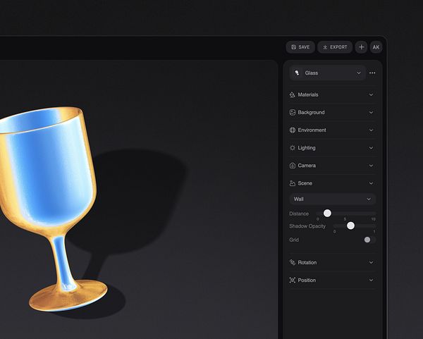 A 3D rendering of a glass object with a user interface for scene settings on the right.