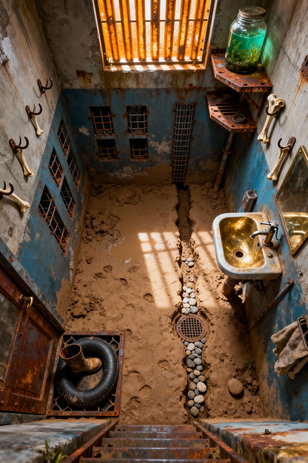 An industrial mudroom with distressed concrete and teal-painted walls is lit by a rusted metal skylight, casting striped light across a muddy floor. A pebble-lined trench leads to a round drain, while a tarnished brass sink, bone wall hooks, rusty corner shelves, barred windows, exposed pipes, and a small glass jar on the shelf emphasize a post-apocalyptic, salvaged aesthetic; a lone boot rests on a steel grate by the door.