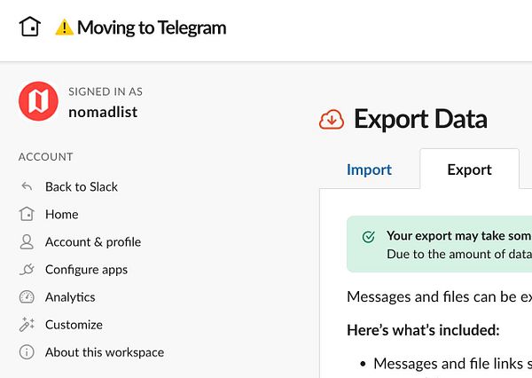 The image displays a Slack interface for exporting data from the #nomads workspace.
