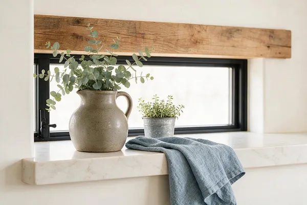 A farmhouse-style window ledge vignette with a black-framed window under a reclaimed wood beam. A stoneware pitcher filled with eucalyptus sits beside a small galvanized metal pot of greenery, with a soft blue-gray linen cloth draped over a light marble or quartz sill.