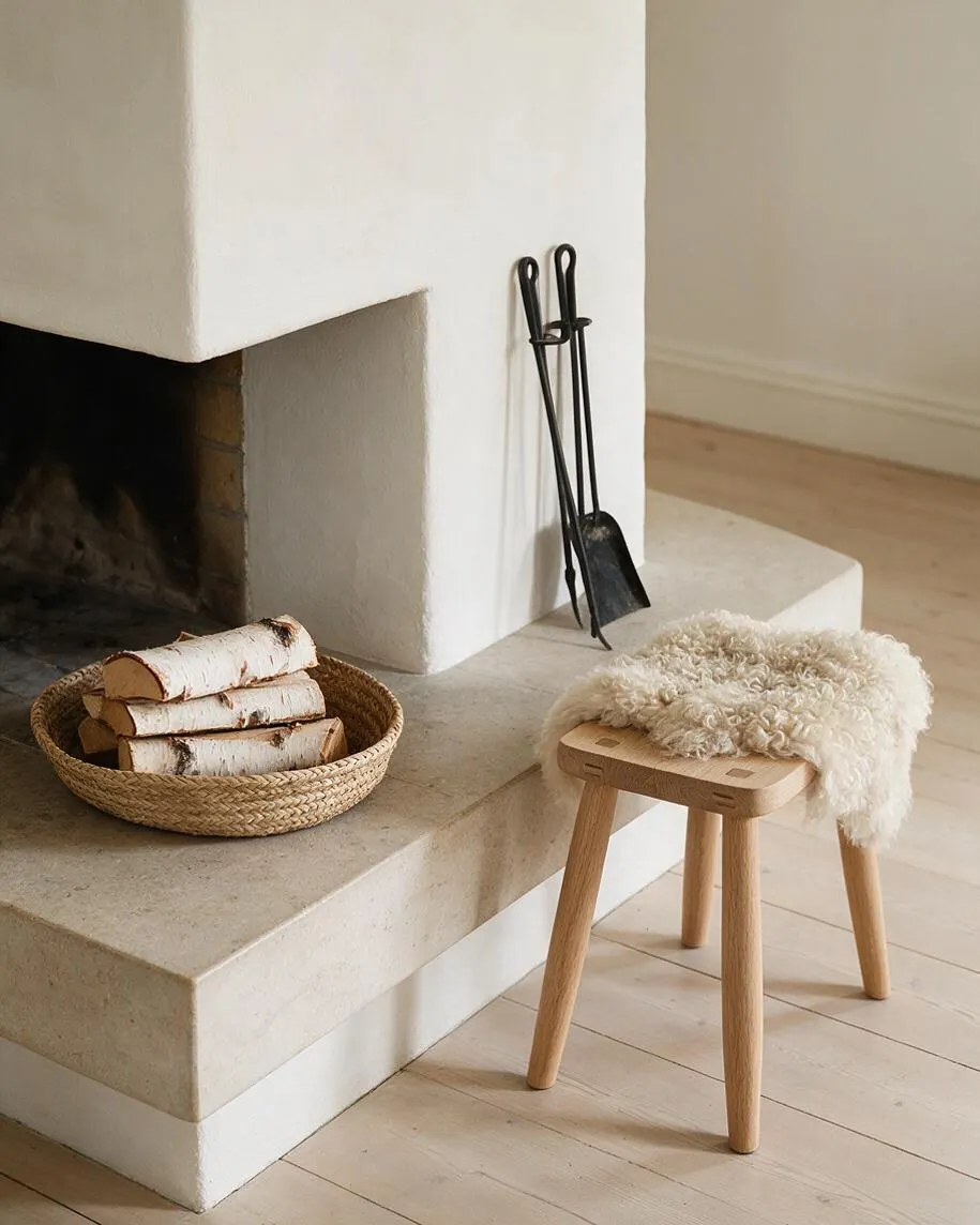 A serene Scandinavian fireplace vignette with a white plaster hearth and built-in bench, a woven basket of birch logs, and black fireplace tools leaning against the wall. A small light wood stool draped with a cream sheepskin adds warmth to the pale wood floor and soft neutral palette.