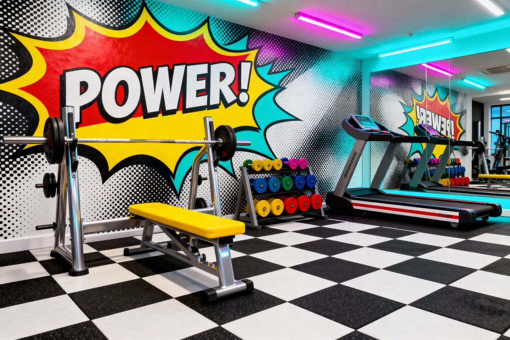 Bright Pop Art home gym with a large comic-style mural reading 'POWER!' in a yellow, red, and cyan starburst over a halftone dot background. The room features a chrome weight bench with a yellow vinyl seat, a rack of multicolored dumbbells, a striped treadmill facing a mirrored wall, black-and-white checkered flooring, and ceiling-mounted magenta and aqua light bars that bathe the space in bold color.