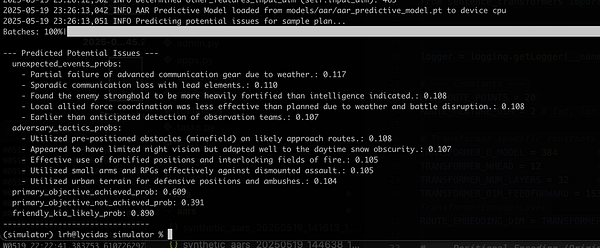 The image displays a terminal interface showing the output of a predictive model analyzing potential issues from After Action Reports.