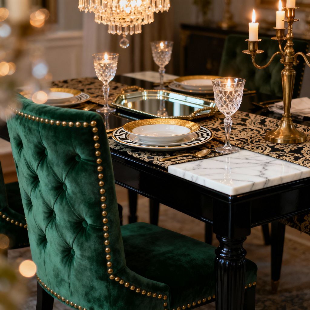 A Vintage Glam dining scene with a glossy black table, emerald velvet chairs with gold nailhead trim, a black-and-gold damask runner, gold-rimmed plates on patterned chargers, crystal stemware, and a brass candelabra with lit candles beneath a crystal chandelier; white marble slabs accent the tabletop as warm candlelight creates a luxurious, intimate glow.