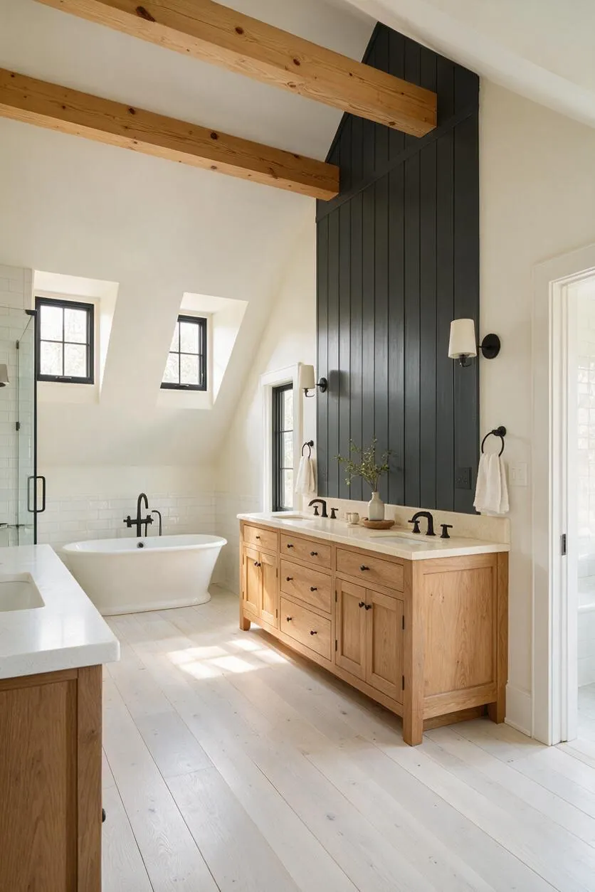 A bright master bathroom with white walls, exposed natural wood ceiling beams, and a tall dark shiplap accent wall behind a long double vanity. The room includes a freestanding white tub, black fixtures, small black-framed windows, and light wood flooring for a warm modern farmhouse look.