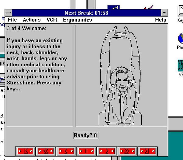 A Windows 3.11 interface displaying an ergonomic exercise guide.