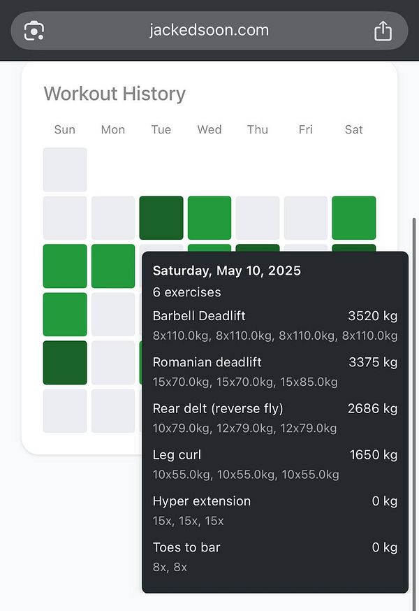 The image displays a workout history log from a fitness tracking app.