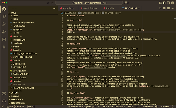The image displays a coding environment in Visual Studio Code with a focus on a README.md file related to Rails.