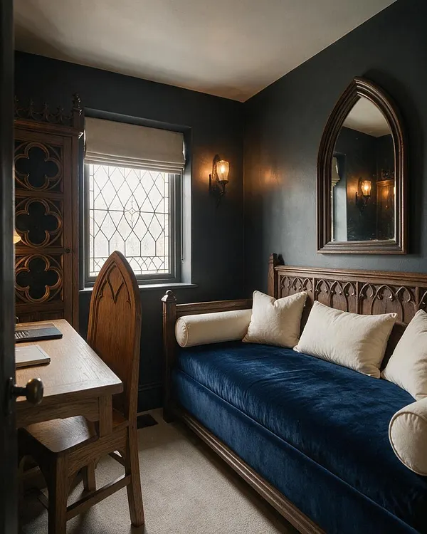 A compact guest bedroom in Gothic style with dark charcoal walls, a pointed-arch wall mirror, and a carved wooden daybed. The bed is dressed with a deep blue velvet mattress and cream bolsters and pillows, while a leaded window, wall sconces, and an ornate wood desk and cabinet add a medieval-inspired feel.