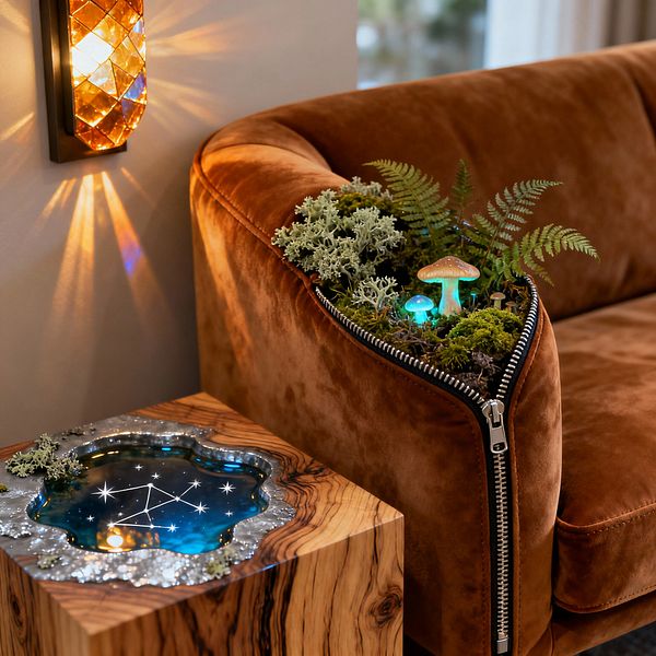 A caramel velvet sofa features a dramatic metal zipper opened at the arm to reveal a miniature terrarium of moss, lichen, and ferns, dotted with small mushrooms and glowing teal accents. Beside it sits a striped olive wood cube table with an irregular blue resin pool edged in silver-toned metal and speckled with star-like constellations, while a faceted amber wall sconce casts warm geometric rays, creating a whimsical and surreal living room vignette.