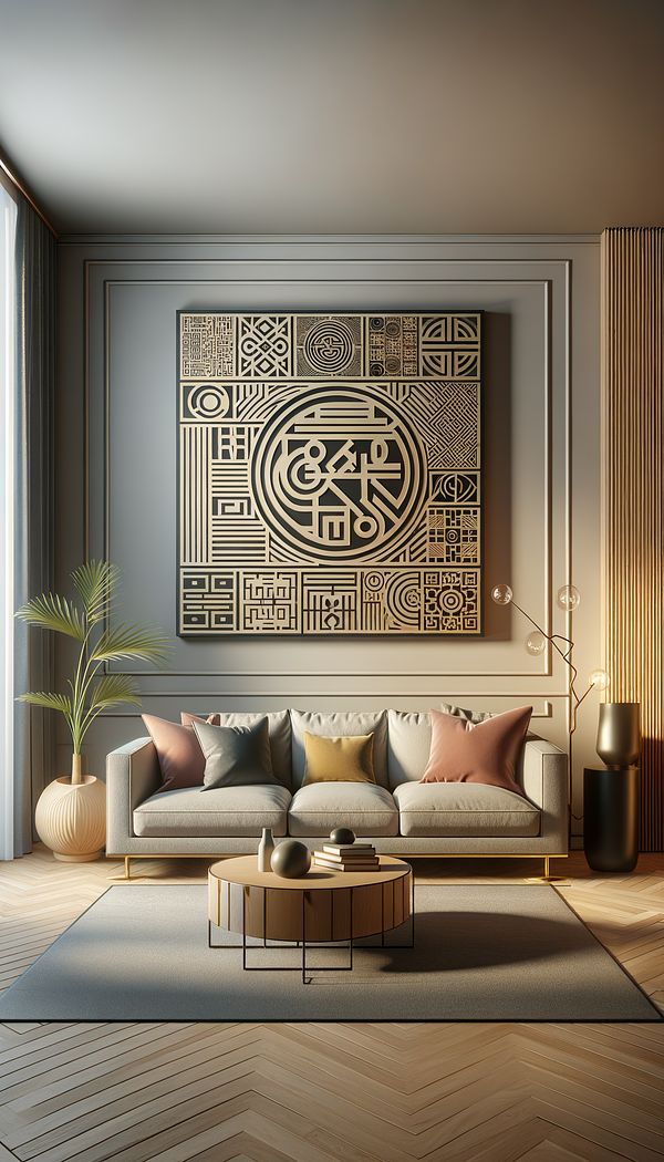 A stylish living room featuring a large wall art decorated with elegant glyphs that match the room's modern decor
