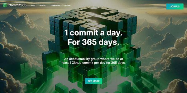 The image features a promotional webpage for Commit365, highlighting a commitment to daily GitHub contributions.