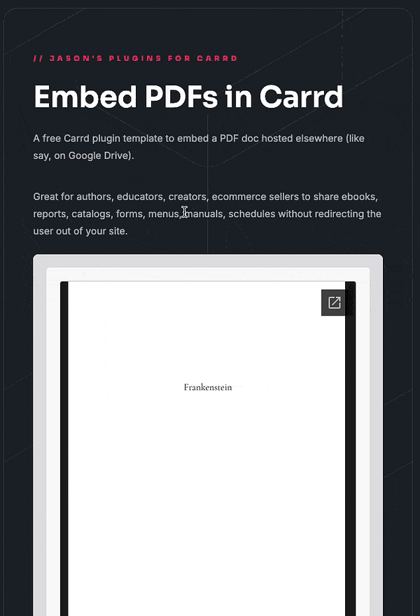 Screenshot of a Carrd site promoting the Embed PDF plugin with an image and text description.