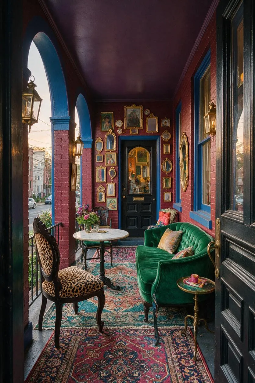 A narrow front porch styled in maximalist fashion with deep red brick walls, bright blue trim around arches and windows, and a dark purple ceiling. The space is filled with a green velvet loveseat, leopard-print chair, patterned rugs, small round tables, gold-framed artwork, and brass lanterns.