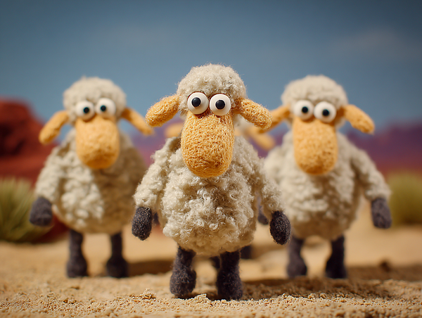 Three animated sheep figures are standing in a desert-like landscape.