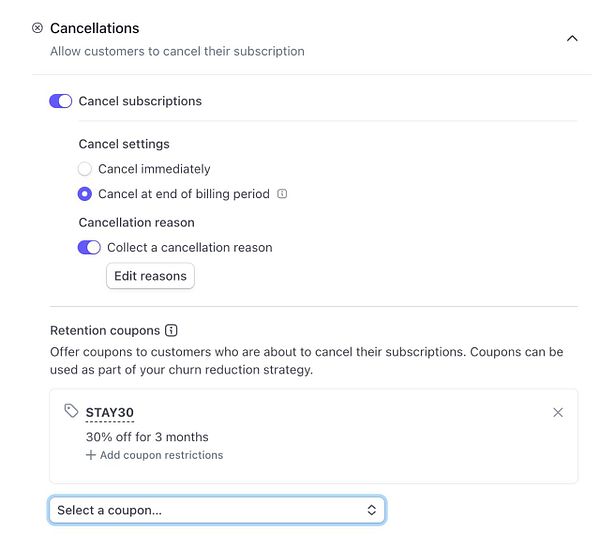 The image displays a user interface for managing subscription cancellations and retention coupons.