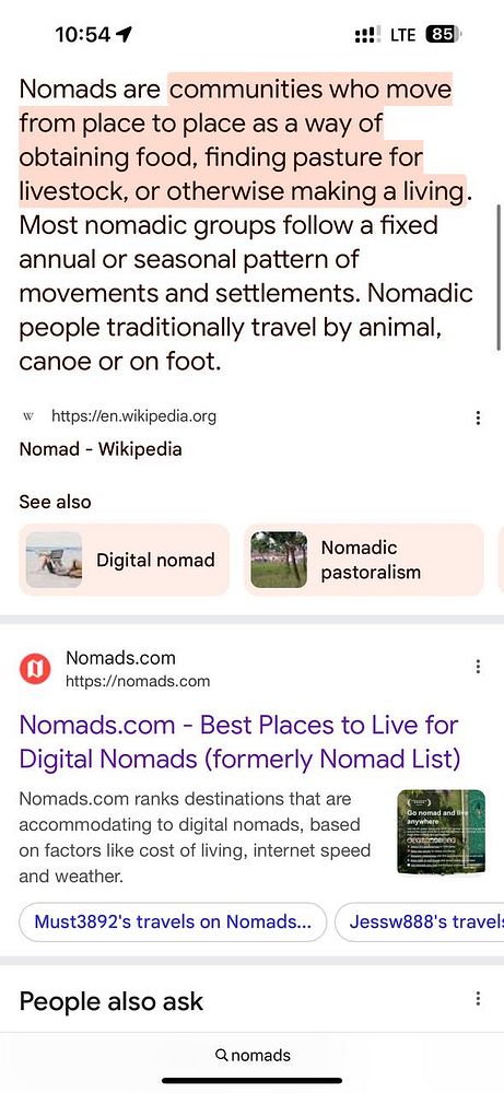 The image displays a Google search results page for the term 'nomads'.