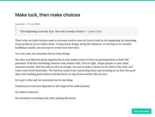 A blog post discussing the importance of luck and decision-making in entrepreneurship.